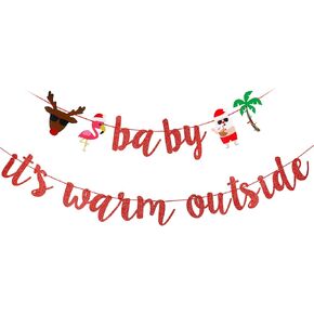 Baby Its Warm Outside Banner Red Glitter, Christmas July Party Banner Decorations July Mele Kalikimaka Christmas Decorations,Tropical Christmas Party Banner Decorations