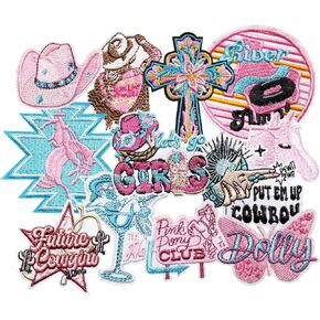 12PCS Pink Pony Cowgirl Iron on Patches, Funny Cute Western Dolly Country Howdy Meme Boots Embroidered Badges for Clothes, Applique for Shirts, Trucker Hats, Jeans, Jackets, Bags, Dress