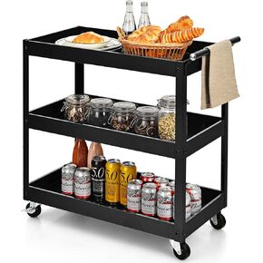 3 Tier Rolling Cart, Utility Cart on Wheels with 330lbs Load Capacity & Ergonomic Handle, Tool Cart Organizer Service Carts for Garage, Office, Library, Workshop (Black)