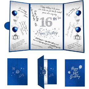 Crenics 16th Birthday Decorations for Boy or Girls, Creative 16th Birthday Guest Book Alternative, Blue and Silver 16 Birthday Signature Book 18 x 12 inch, Great Sweet 16 Birthday Gifts