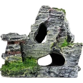 Resin Aquarium Mountain Decor with Moss Rock Cave - Multi-Level Terrain for Fish Tank Landscaping, Natural-Looking Rockery Design with Hidden Cave and Crevices for Shrimp, Reptile Habitat Aquascaping​