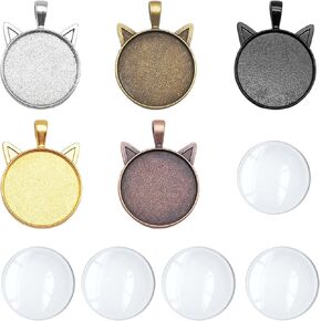 30PCS Cute Cat Bezel Pendant Trays Kit-15Pcs Cabochon Bezel Trays with 15Pcs 25mm/1 inch Round Glass Dome Tiles for Jewelry Making