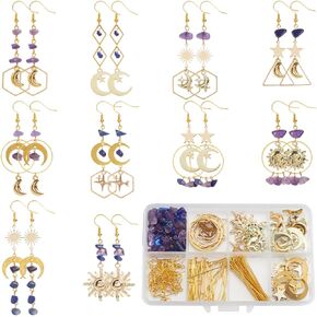 SUNNYCLUE 1 Box DIY 10 Pairs Stone Earrings Diy Metal Moon Charms Brass Alloy Real 14K Gold Plated Sun Star Linking Connectors Natural Gemstone Chip Bead With Hook Pins For Jewelry Making Wonen Adults