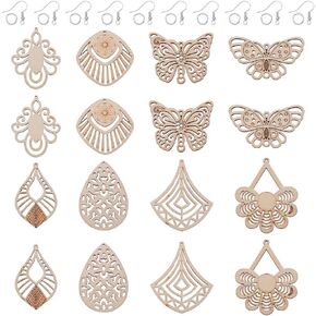 KISSITTY Wooden Earring Making Kit 26Pcs Unfinished Wood Teardrop Rhombus Leaf Shape Pendants with 60Pcs Earring Hooks 60Pcs Jump Rings for Dangle Earring Making