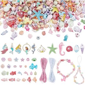 PH PandaHall 900pcs 25 Styles Ocean Jewelry Making Kit, Starfish Seashell Beads Turtle Fish Beads Mermaid Beads Charms Heart Round Flower Spacer Beads for DIY Jewelry Making Bracelet Earring Necklace