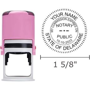 Round Notary Stamp for State of Delaware | Self Inking Unit - Shiny Printer R-542 with Unique Body (Pink)