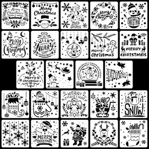 24pcs Christmas Stencils, Reusable Merry Christmas Painting Drawing Template Santa Claus Rectangle Xmas Stencils for Craft Fabric Wall Cards Scrapbook Decorations