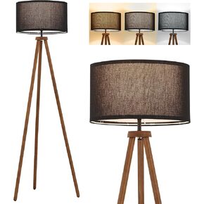 ELYONA Wood Tripod Floor Lamp, Modern Standing Lamp with Black Drum Linen Shade & 3 Color Temperatures LED Bulb, Industrial Tall Reading Lamp for Office Living Room Bedroom, ETL Listed Walnut & Black