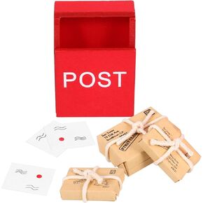 Garneck 1:12 Dollhouse Wooden Red Mailbox with Miniature Mail Sack and Postcard Ornaments Mini Postbox for Decoration and Role-Playing Dollhouse Furniture Accessories
