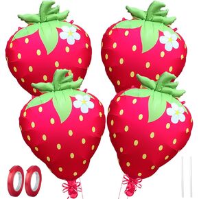 Strawberry Balloons 18" 4Pcs - Foil Balloons for Strawberry Birthday Decorations & Baby Shower Decorations, Durable Mylar Balloon Arch Kit, Vibrant Strawberry Themed Party (Style-2, 4)