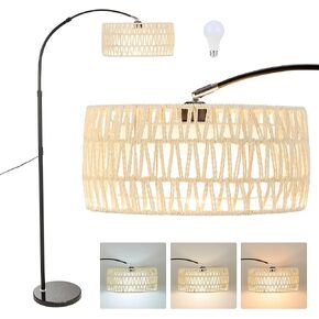 Arc Floor Lamp for Living Room, Stylish Rattan Boho Floor Lamp with 3 Color Temperature Dimmable LED Bulb, Farmhouse Tall Lamp, Arched Standing Lamp for Office Bedroom Living Room Corner (Original)