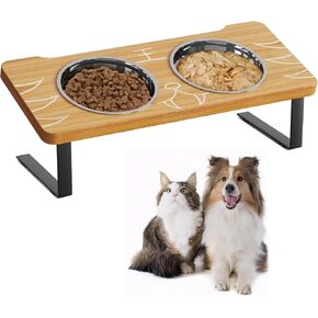 Elevated Cat Bowl, 15 Tilted Raised Stand with Non-Slip Feet and 4 Dishes for Water and Food, Widen Stainless Steel Bowls(Whisker Stress-Free) for Cats and Puppy