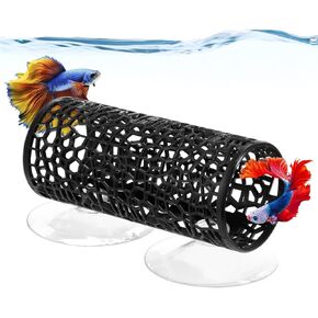 2 Pcs Betta Fish Toy Tunnels Small Hole Hollow Cave Betta Tunnel Guppies Hideout Tube with Suction Cup for Small Fish & Shrimp Hiding Resting Playing (Black)