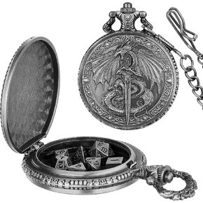 Mini DND Dice Set, Flying Dragon Holds Long Sword Pocket Watch Shell Case, DND Starter Set, 7pcs Polyhedral Metal Dice Set, D&D Gifts with Gift Bag, Role Playing Board Game Accessories,Bronze