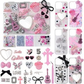 Junk Case Charms Kit with Makeup Mirror, Junk Phone Case with Big Charms, Nail Bow Rhinestones Flatback Resin Charm for DIY Crafts Silver Pink
