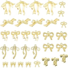 32 Piece Alloy Bow Charms, Gold Bow Tie Charms for Jewelry Making, Cute 3D Metal Pendant Bowknot Charm for DIY Necklace Bracelet Earrings Crafting Craft Supplies