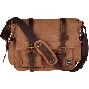 Canvas Messenger Bag with leather trim, Olive, 15.3 x 4.33 x 12.2 inches