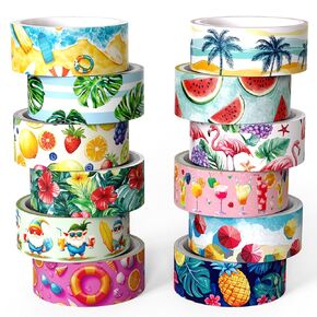 12 Rolls Summer Washi Tape Set, Hawaii Beach Holiday Decorative Tape Flamingo Tropical Fruits Leaves Watermelon Watercolor Masking Tape for Journaling Supplies,Gift Wrapping, DIY Art & Crafts
