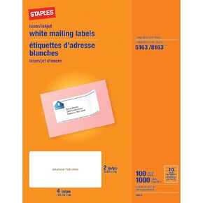 Staples Laser/Inkjet Address Labels, Easy-to-Peel Printable Sticker Paper, 2 x 4 Inch, 10-Labels Per Sheet, 100-Pack, White