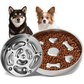 2Pcs Slow Feeder Dog Bowls - 304 Stainless Steel Dog Bowl Set with Non-Slip Base (2~5 Cups Capacity) - Heavy Duty Metal Food & Water Bowls Slows Down Pets Eating for Medium & Large Sized Dogs