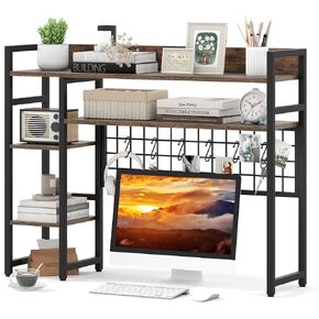 Tangkula Desktop Bookshelf for Computer Monitor Up to 32", 37" x 29" Countertop Storage Hutch with 4 Open Storage Shelves, Grid Panel, Anti-tip Device, 4-Tier Desktop Display Shelves for Home Office in Saudi Arabia