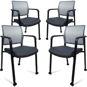 CLATINA Rolling Conference Room Chairs, 4 Pack Stackable Conference Room Chairs with Wheels and Paddle, Ergonomic Mesh Back and Arms for Meeting, Conference, Training Room & Home Office (Black)