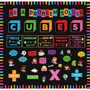 59 Pcs Math Bulletin Board Set Cubes Math Keywords Symbol Poster Problem Solving Bulletin Board Decor Paper Cutouts for Home School Classroom Wall Educational Poster Teacher Supplies(59,Cube)