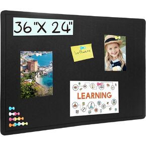Bulletin Board, 36 X 24 inches Cork Board with 20 Pushpin, Felt Cork Board Notice Pin Board, Self-Adhesive Vision Board Mood Board Foldable Photo Board for Wall - Black