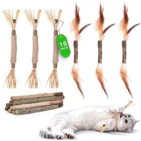 petizer 16Pcs Organic Natural Catnip Toys,Silvervine Cat Chew Sticks,Edible Matatabi Camint Treat Toys for Kittens Lick & Kitty Gift,Cat nip Teething Chew Wooden Sticks