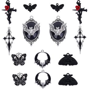 14 Gothic Style Cross Moth Bat Skull Pendants Halloween Charms for Jewelry Making DIY Craft Supplies