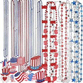 Ecally 40 Pcs 4th of July Bead Necklaces Bulk Independence Day Necklaces Accessories Patriotic Red White Blue Star USA Flags Beads Pendant for Fourth of July Memorial Day Parade Party Favors Decor
