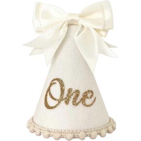 Bow 1st Birthday Hat, Baby Girls First Birthday Crown, Bow Themed Decorations for Girl, Princess Cone Hat, Cake Smash and Photo Props