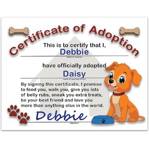 Allynn's Dog Adoption Certificate - Pound or Rescue Puppy Adoption Certificate, 8.5 x 11 inches on Cardstock, Includes Pet Care Statement