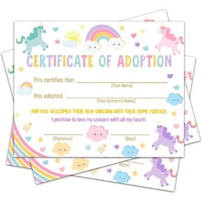 Unicorn Adoption Certificate - 8 x 10 Inches Unicorn Adoption Party Decorations, Adopt Cards, Certificates for Kids, Girls or Boys, Adopt A Pet Party Favors - A17