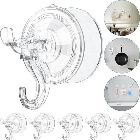 Clear Suction Cup Hooks with Adhesive Disk, Waterproof Shower Suction Hooks for Inside Shower Wall Hang Towel & Loofah, Heavy Duty Suction Hooks for Bathroom, Kitchen, Glass Window & Doors (5 Pack) in Saudi Arabia