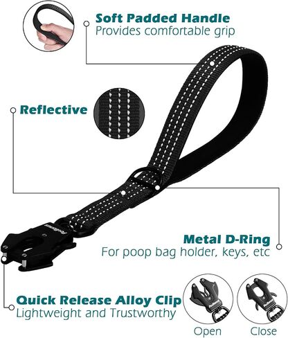 Petbonus Hight Dick Short Dog Leash ، مقود حركة مرور نايلون 12 بوصة مع مقطع إطلاق سريع ، مقبض مبطن مريح ، تقدم تدريب عاكس للكلاب الكبيرة المتوسطة (أسود ، 12 ") in Kuwait