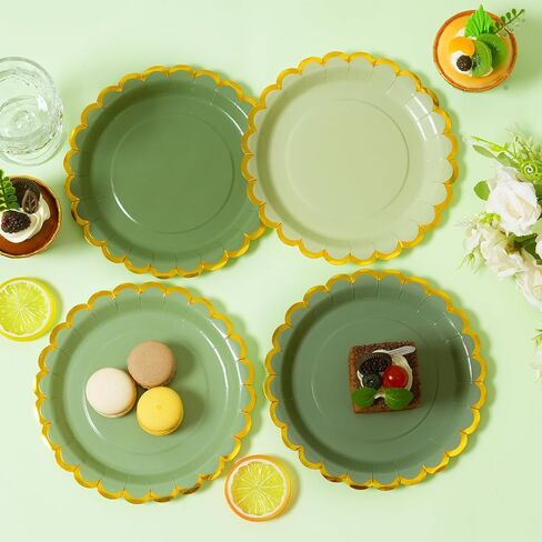 Green mix scalloped party plates with napkins and fork gold foil border, 24 Guest disposable Tableware Set Sage Green Party Decoration for Birthday Coquette Bridal Baby Shower Valentines in Saudi Arabia