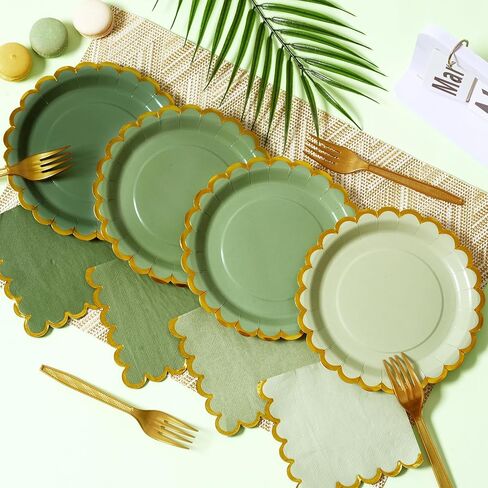 Green mix scalloped party plates with napkins and fork gold foil border, 24 Guest disposable Tableware Set Sage Green Party Decoration for Birthday Coquette Bridal Baby Shower Valentines in Saudi Arabia