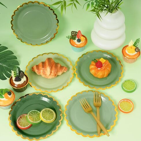 Green mix scalloped party plates with napkins and fork gold foil border, 24 Guest disposable Tableware Set Sage Green Party Decoration for Birthday Coquette Bridal Baby Shower Valentines in Saudi Arabia