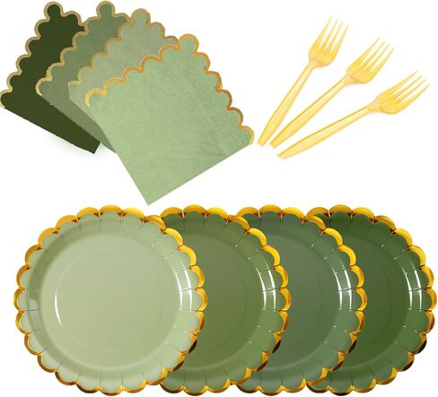 Green mix scalloped party plates with napkins and fork gold foil border, 24 Guest disposable Tableware Set Sage Green Party Decoration for Birthday Coquette Bridal Baby Shower Valentines in Saudi Arabia