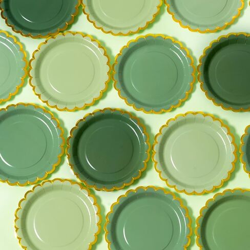 Green mix scalloped party plates with napkins and fork gold foil border, 24 Guest disposable Tableware Set Sage Green Party Decoration for Birthday Coquette Bridal Baby Shower Valentines in Saudi Arabia