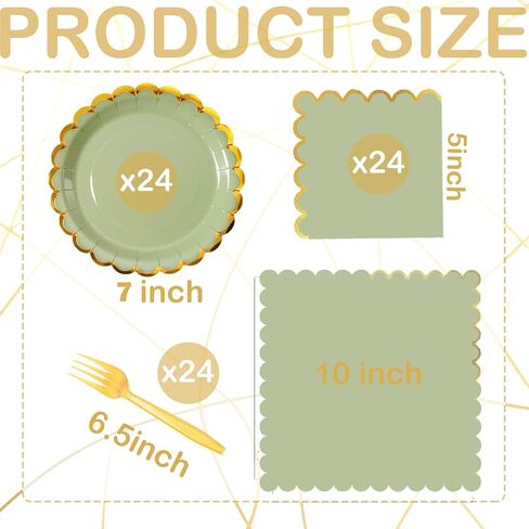 Green mix scalloped party plates with napkins and fork gold foil border, 24 Guest disposable Tableware Set Sage Green Party Decoration for Birthday Coquette Bridal Baby Shower Valentines in Saudi Arabia