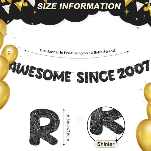 Fulmoon Pre Strung Awesome منذ عام 2007 لافتة Glitter Happy 18th Banner Banner Funny 18 سنة زخارف عيد ميلاد عمره 18 ديكورات حفل الذكرى السنوية لفتيات الفتيات (Girls Gold) in Saudi Arabia