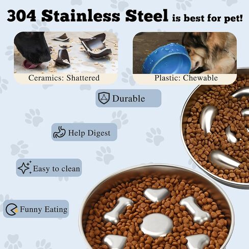 2pcs أوعية الكلب البطيء تغذية - 304 وعاء الكلب من الفولاذ المقاوم للصدأ مع قاعدة غير قابلة للانزلاق (2 ~ 5 أكواب) - الأطعمة المعدنية الشاقة والماء يبطئ الحيوانات الأليفة الأكل للكلاب المتوسطة والكبيرة الحجم in Kuwait