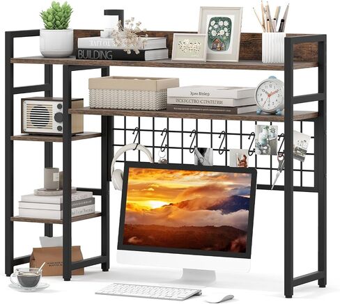 Tangkula Desktop Bookshelf for Computer Monitor Up to 32", 37" x 29" Countertop Storage Hutch with 4 Open Storage Shelves, Grid Panel, Anti-tip Device, 4-Tier Desktop Display Shelves for Home Office in Saudi Arabia