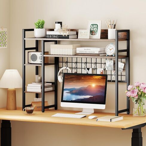 Tangkula Desktop Bookshelf for Computer Monitor Up to 32", 37" x 29" Countertop Storage Hutch with 4 Open Storage Shelves, Grid Panel, Anti-tip Device, 4-Tier Desktop Display Shelves for Home Office in Saudi Arabia