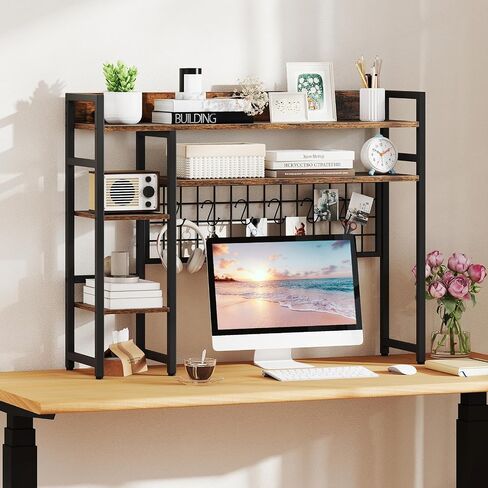 Tangkula Desktop Bookshelf for Computer Monitor Up to 32", 37" x 29" Countertop Storage Hutch with 4 Open Storage Shelves, Grid Panel, Anti-tip Device, 4-Tier Desktop Display Shelves for Home Office in Saudi Arabia