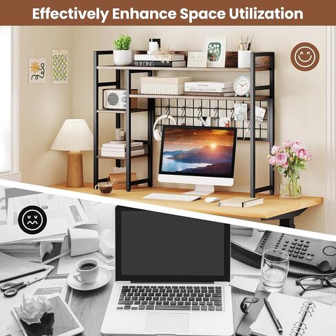 Tangkula Desktop Bookshelf for Computer Monitor Up to 32", 37" x 29" Countertop Storage Hutch with 4 Open Storage Shelves, Grid Panel, Anti-tip Device, 4-Tier Desktop Display Shelves for Home Office in Saudi Arabia