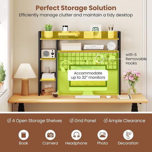 Tangkula Desktop Bookshelf for Computer Monitor Up to 32", 37" x 29" Countertop Storage Hutch with 4 Open Storage Shelves, Grid Panel, Anti-tip Device, 4-Tier Desktop Display Shelves for Home Office in Saudi Arabia
