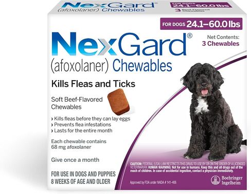 Nexgard® (afoxolaner) حماية البراغيث وحماية القراد للكلاب اللحم البقري الناعم الناعم ، من 24.1 إلى 60 رطلاً. (مربع أرجواني) 1 مضغ (إمداد 1 شهر) in Saudi Arabia